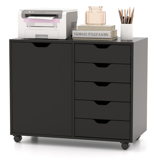 Costway Mobile Storage Unit with 5 Drawers and Cupboard-White-Black