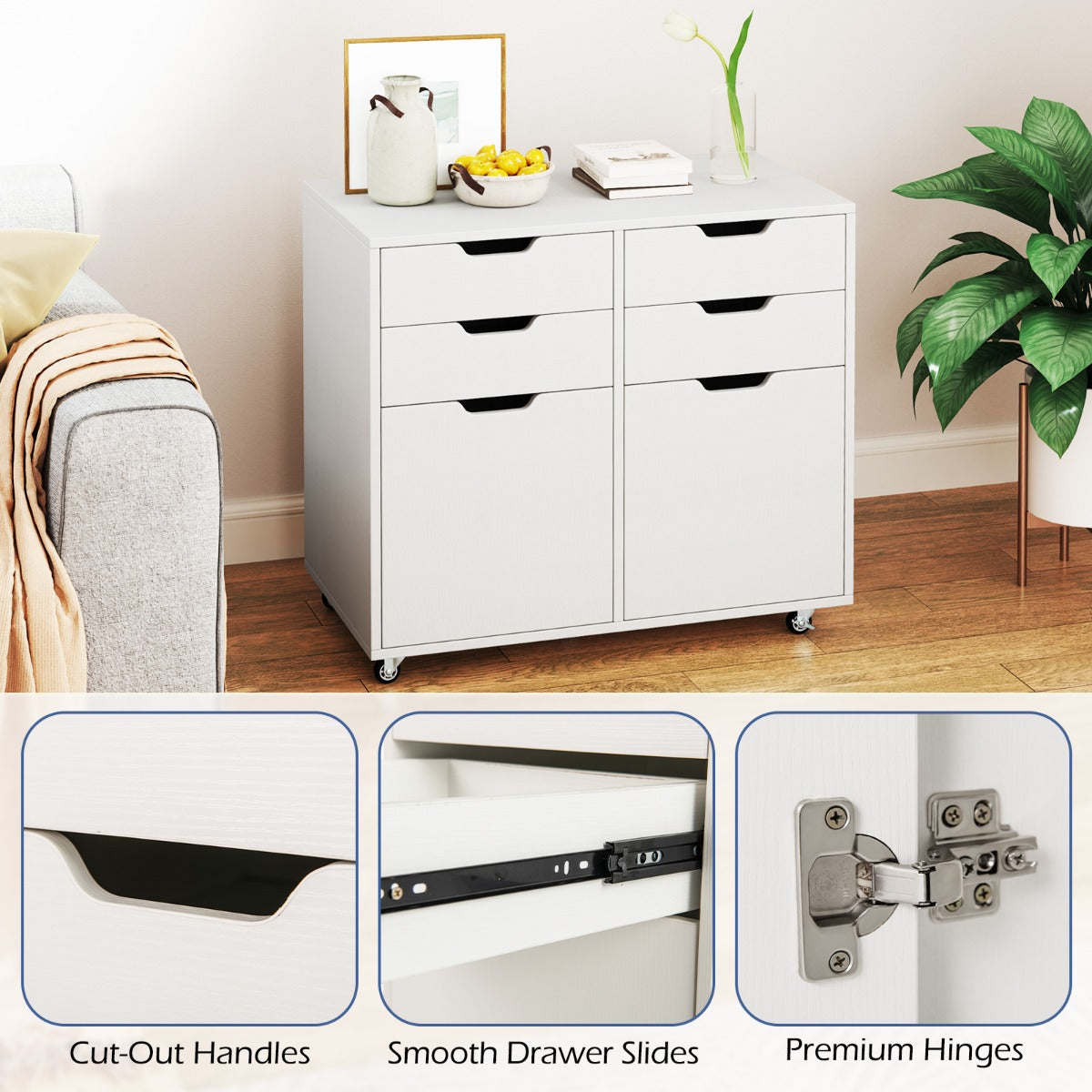 4-Drawer Mobile Wood Storage Cabinet with 2 Doors and 5 Universal Wheels-White