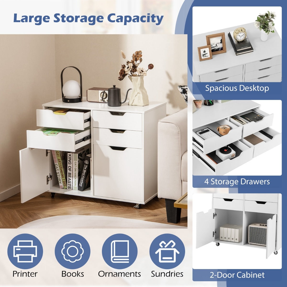 4-Drawer Mobile Wood Storage Cabinet with 2 Doors and 5 Universal Wheels-White