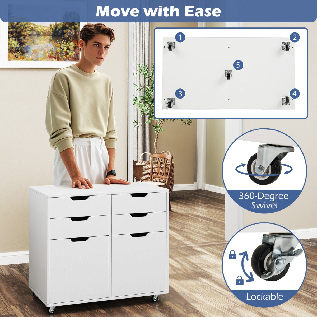 4-Drawer Mobile Wood Storage Cabinet with 2 Doors and 5 Universal Wheels-White