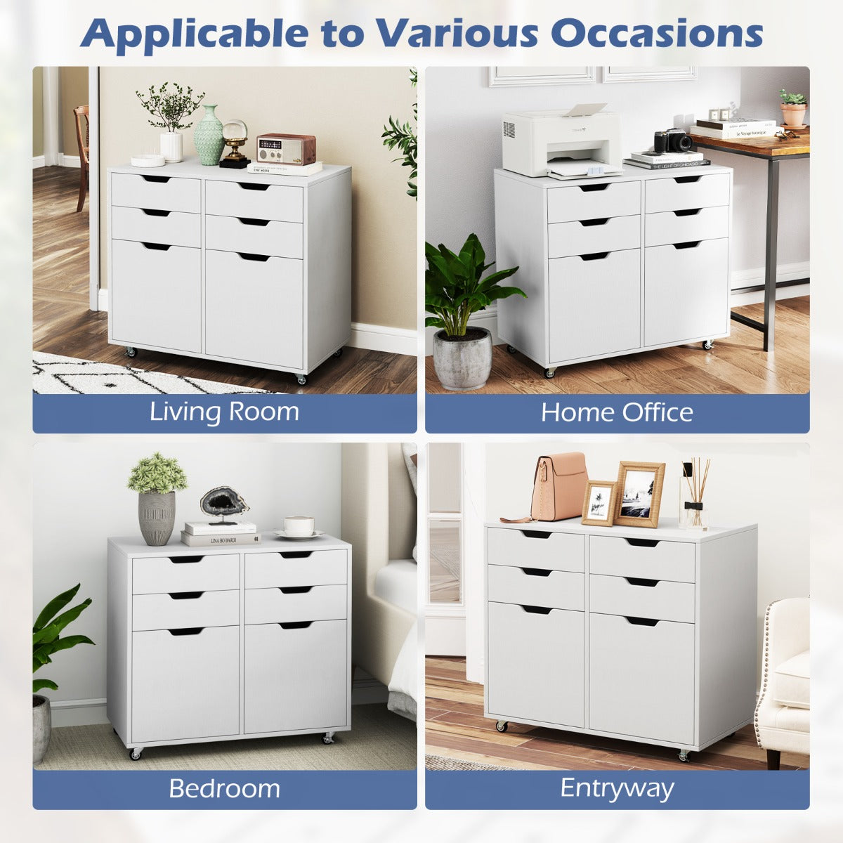 4-Drawer Mobile Wood Storage Cabinet with 2 Doors and 5 Universal Wheels-White