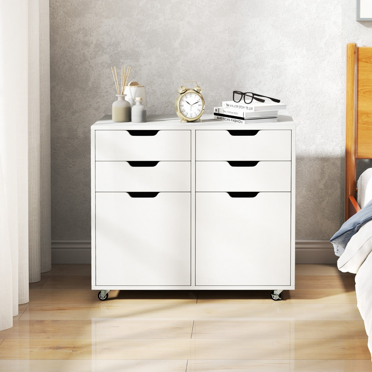 4-Drawer Mobile Wood Storage Cabinet with 2 Doors and 5 Universal Wheels-White