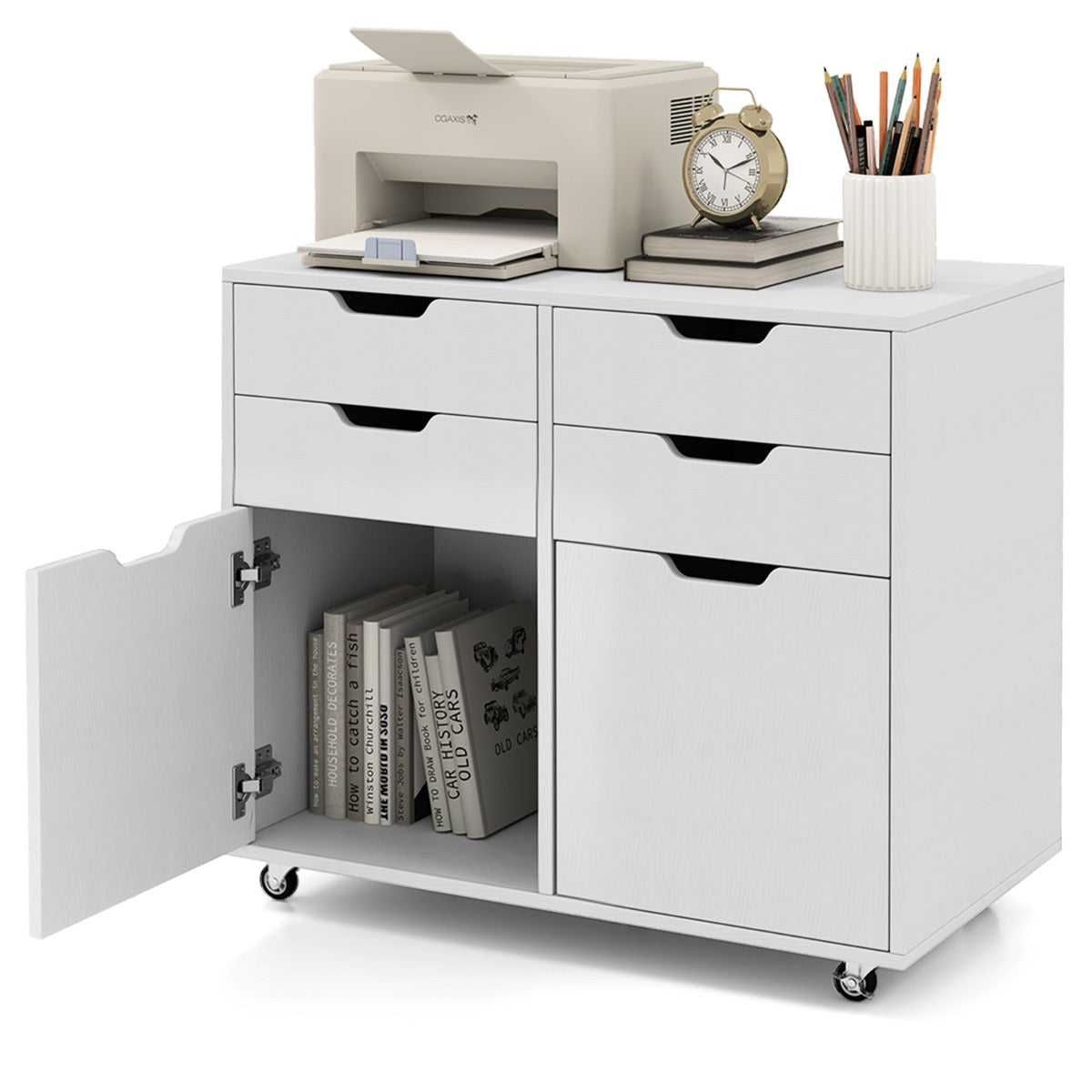 4-Drawer Mobile Wood Storage Cabinet with 2 Doors and 5 Universal Wheels-White