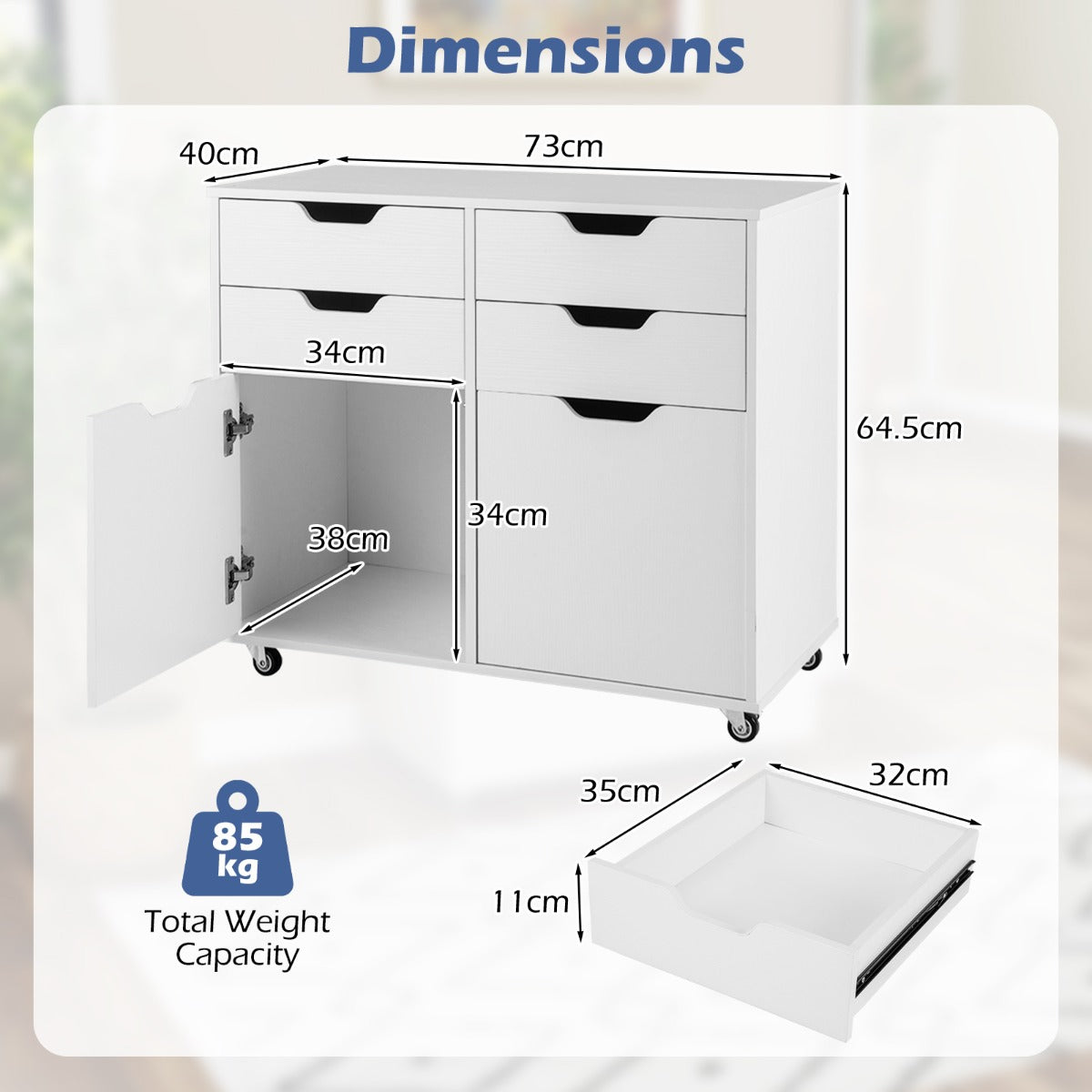 4-Drawer Mobile Wood Storage Cabinet with 2 Doors and 5 Universal Wheels-White
