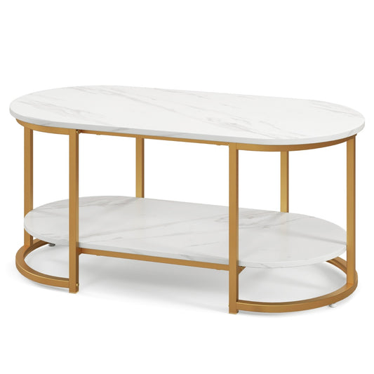 Costway Modern 2-Tier White Marble Coffee Table with Open Shelf