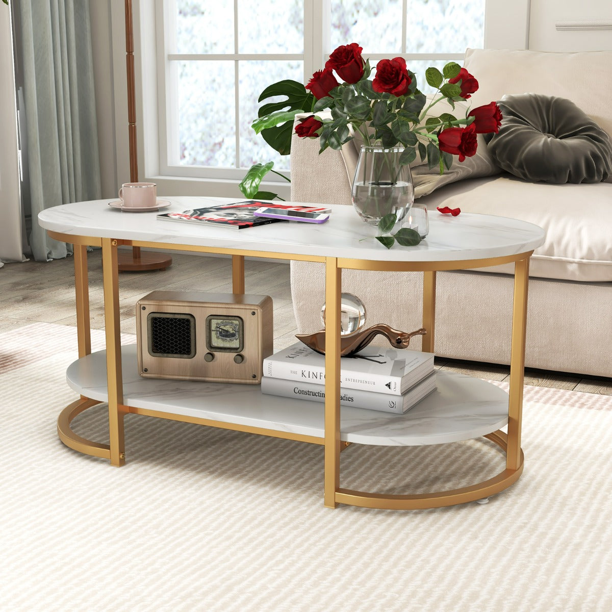 Costway Modern 2-Tier White Marble Coffee Table with Open Shelf
