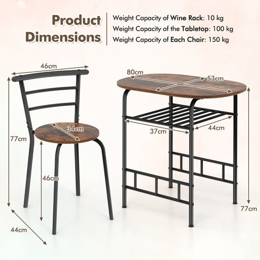 Three-piece dining set includes one oval table and two chairs for comfortable meals for two