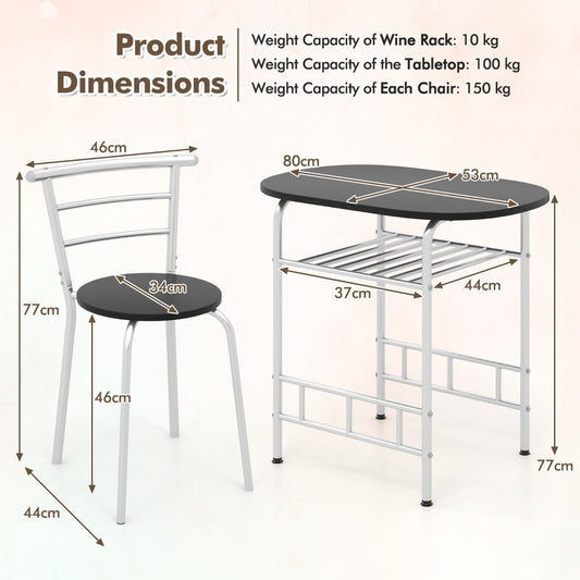Three-piece dining table set with oval tabletop, two ergonomic chairs, and a convenient six-bottle wine rack