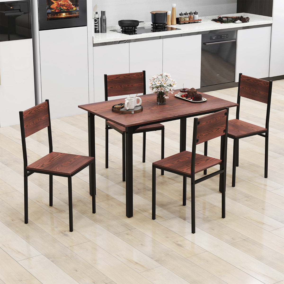 Modern 5-Piece Kitchen Table and Chairs Set with Backrest and Metal Frame-Brown