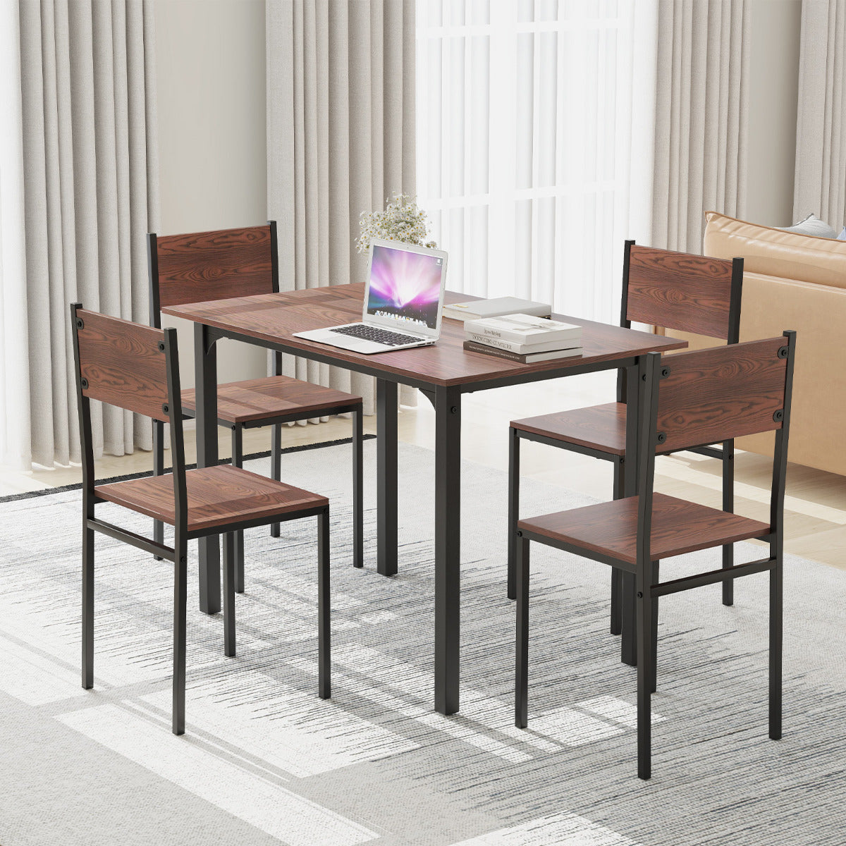 Modern 5-Piece Kitchen Table and Chairs Set with Backrest and Metal Frame-Brown