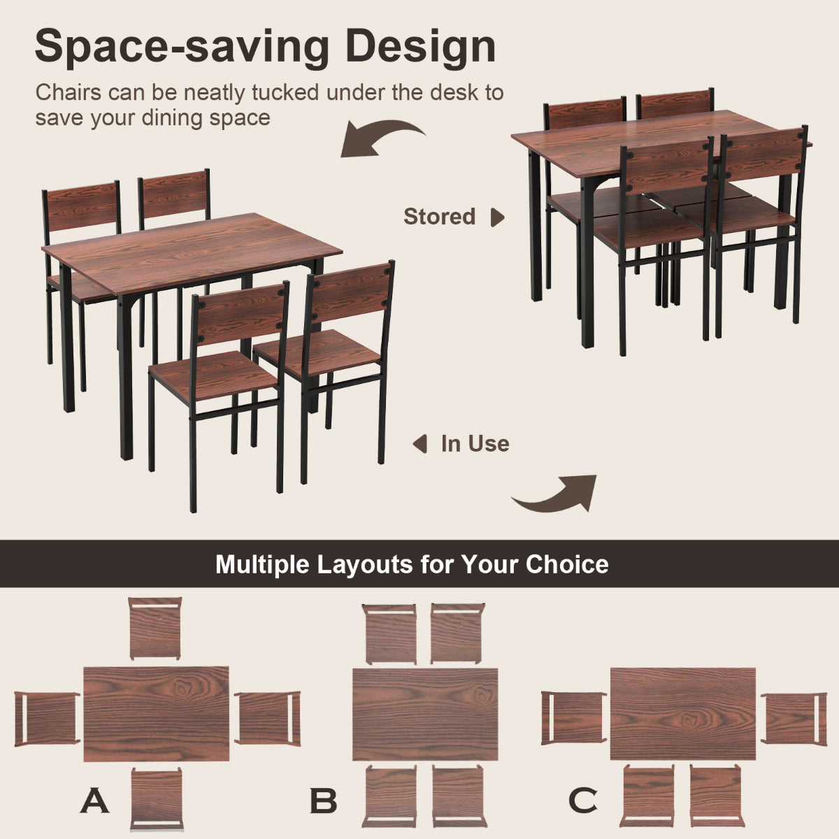 Modern 5-Piece Kitchen Table and Chairs Set with Backrest and Metal Frame-Brown