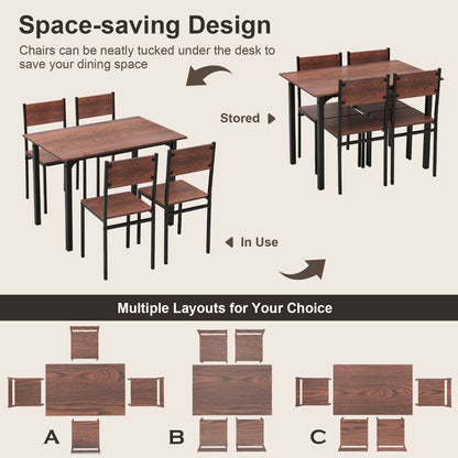 Modern 5-Piece Kitchen Table and Chairs Set with Backrest and Metal Frame-Brown