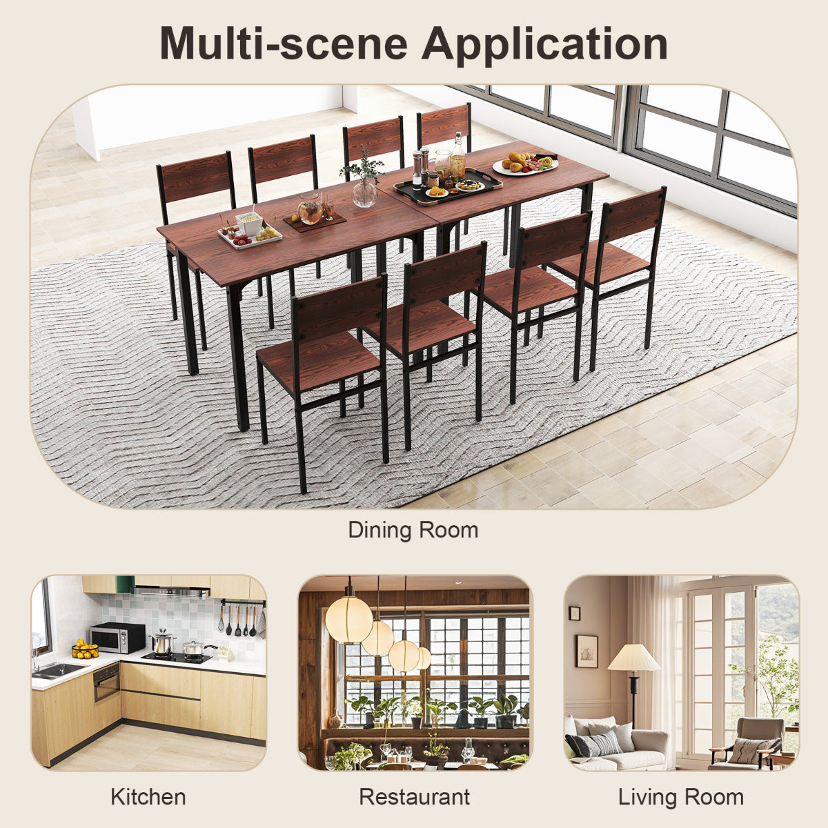 Modern 5-Piece Kitchen Table and Chairs Set with Backrest and Metal Frame-Brown