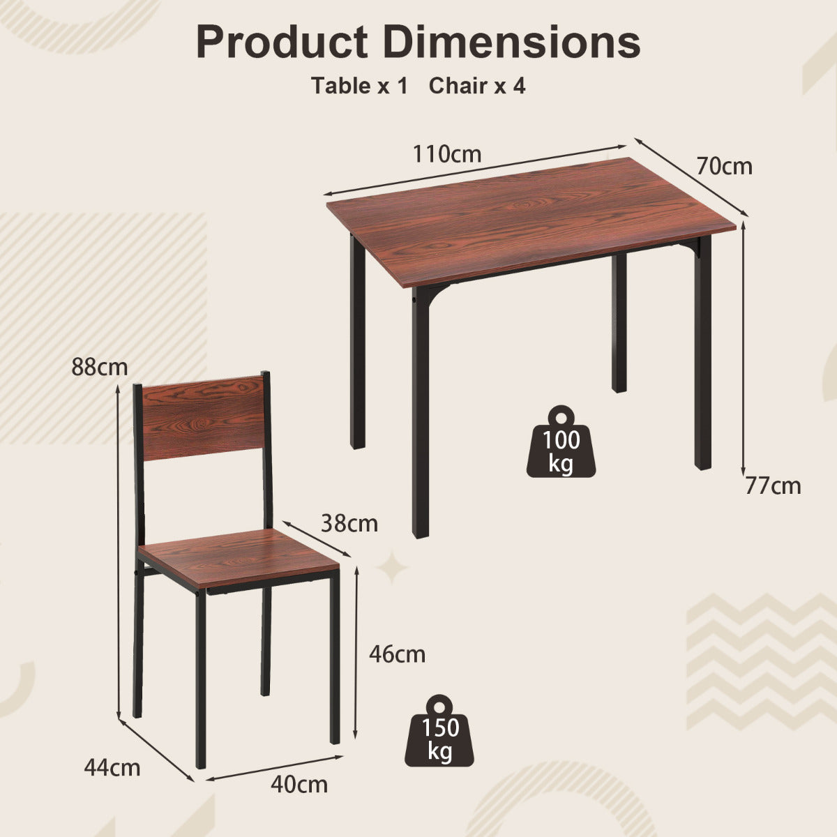 Modern 5-Piece Kitchen Table and Chairs Set with Backrest and Metal Frame-Brown