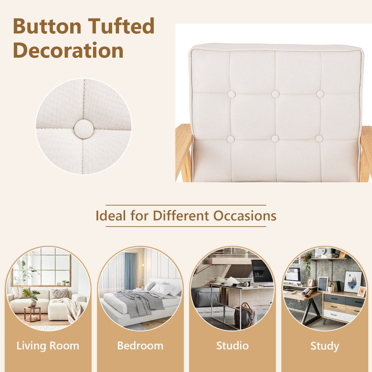 Costway Modern Accent Upholstered Armchair with Rubber Wood Armrests-Beige