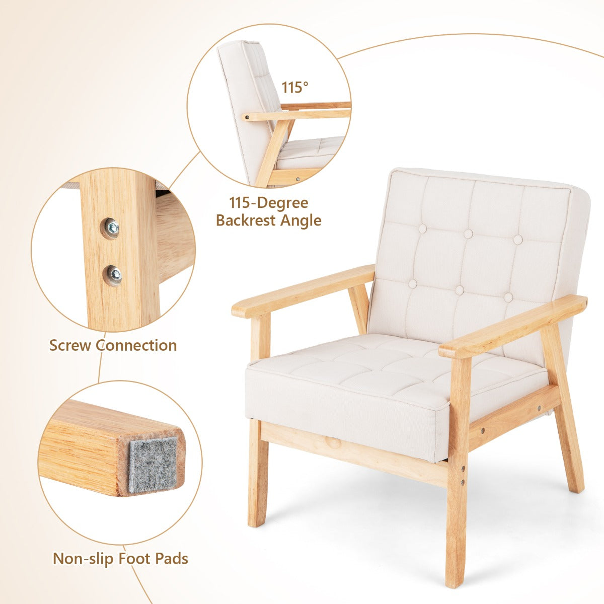 Costway Modern Accent Upholstered Armchair with Rubber Wood Armrests-Beige