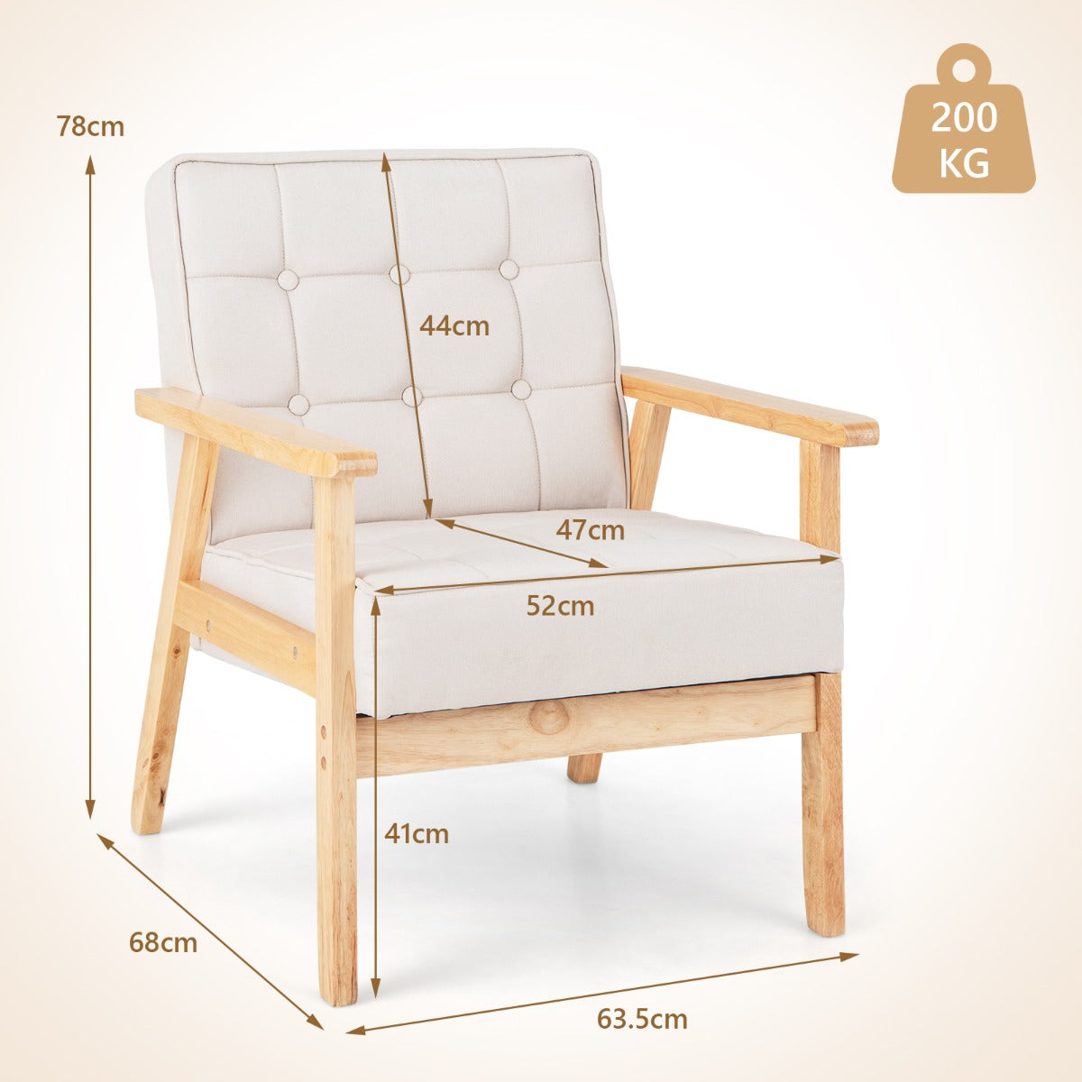 Costway Modern Accent Upholstered Armchair with Rubber Wood Armrests-Beige