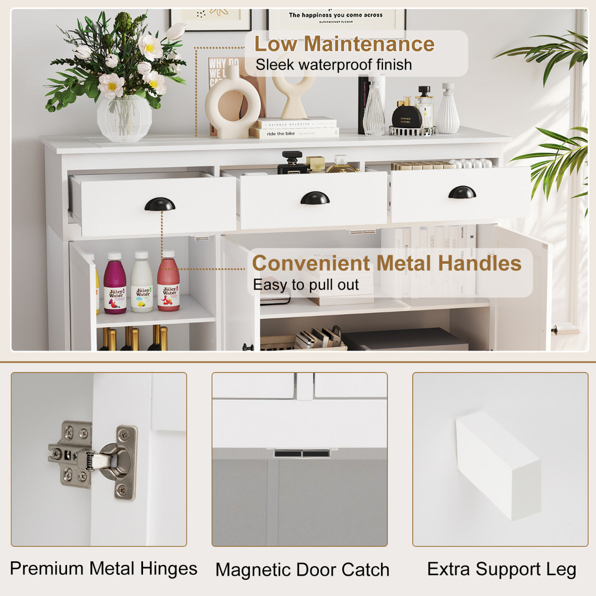 Modern Buffet Sideboard with 3 Drawers and 2 Adjustable Shelves-White