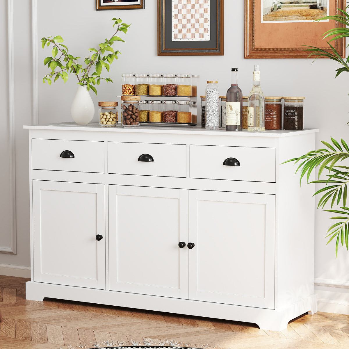 Modern Buffet Sideboard with 3 Drawers and 2 Adjustable Shelves-White