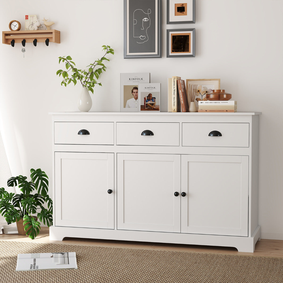 Modern Buffet Sideboard with 3 Drawers and 2 Adjustable Shelves-White
