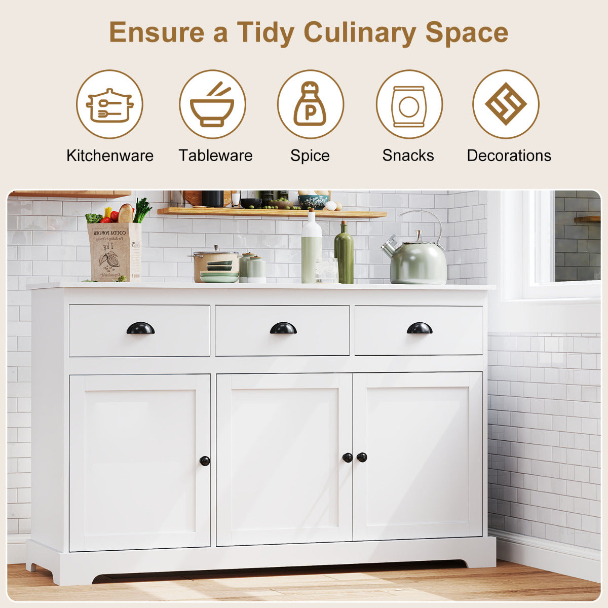 Modern Buffet Sideboard with 3 Drawers and 2 Adjustable Shelves-White