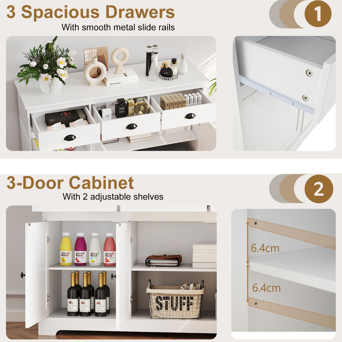Modern Buffet Sideboard with 3 Drawers and 2 Adjustable Shelves-White
