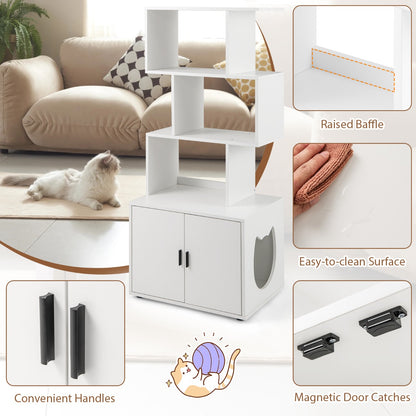 Modern Cat Litter Box Enclosure with Storage Corner Bookshelf-White