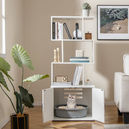 Modern Cat Litter Box Enclosure with Storage Corner Bookshelf-White