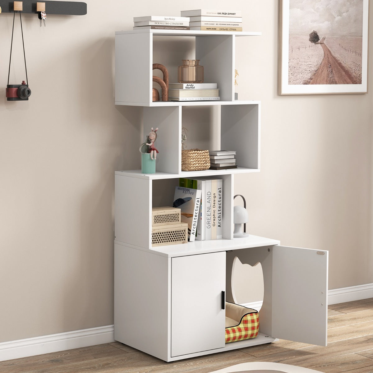 Modern Cat Litter Box Enclosure with Storage Corner Bookshelf-White