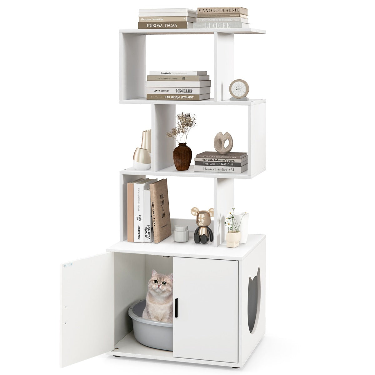 Modern Cat Litter Box Enclosure with Storage Corner Bookshelf-White