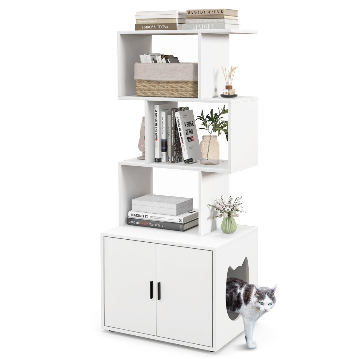 Modern Cat Litter Box Enclosure with Storage Corner Bookshelf-White