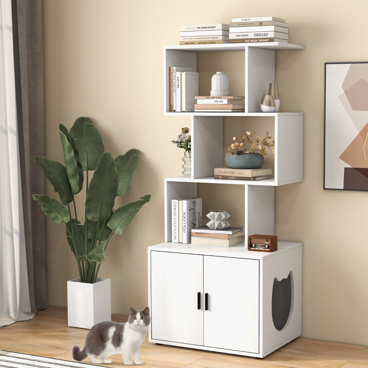 Modern Cat Litter Box Enclosure with Storage Corner Bookshelf-White