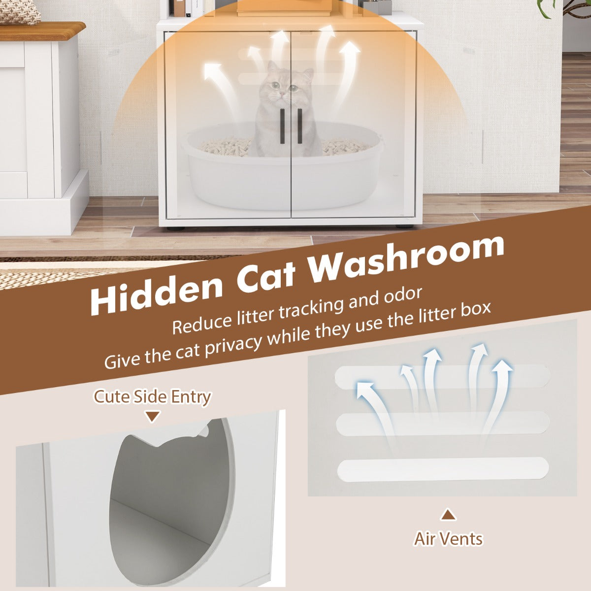 Modern Cat Litter Box Enclosure with Storage Corner Bookshelf-White