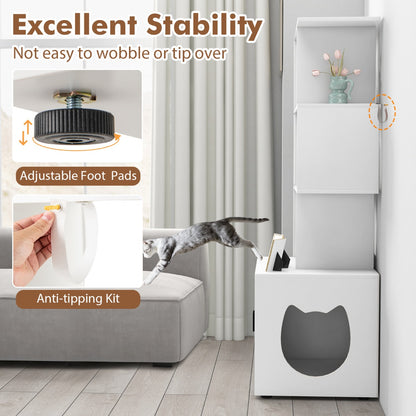 Modern Cat Litter Box Enclosure with Storage Corner Bookshelf-White