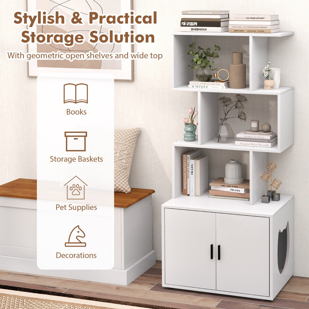 Modern Cat Litter Box Enclosure with Storage Corner Bookshelf-White