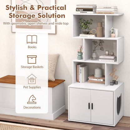 Modern Cat Litter Box Enclosure with Storage Corner Bookshelf-White