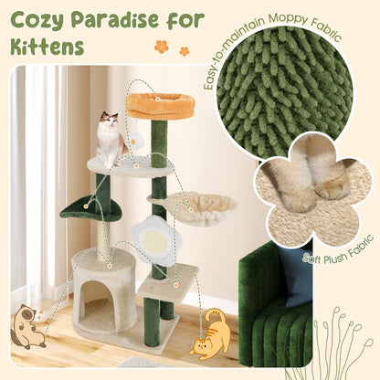 Modern Cute Flower Cat Tree for Indoor Kitty Tower with Plush Top Perch-Green