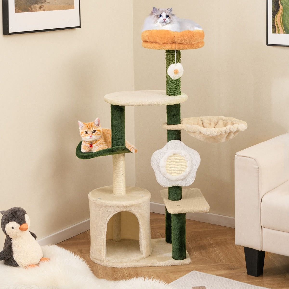 Modern Cute Flower Cat Tree for Indoor Kitty Tower with Plush Top Perch-Green