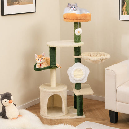 Modern Cute Flower Cat Tree for Indoor Kitty Tower with Plush Top Perch-Green