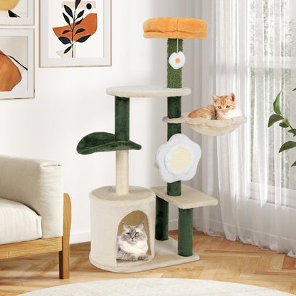 Modern Cute Flower Cat Tree for Indoor Kitty Tower with Plush Top Perch-Green