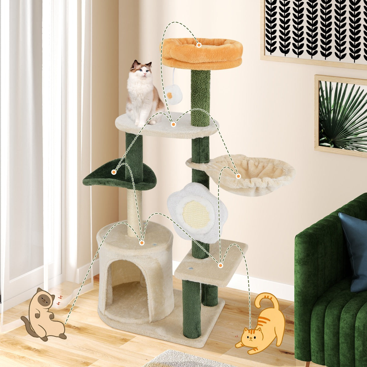 Modern Cute Flower Cat Tree for Indoor Kitty Tower with Plush Top Perch-Green