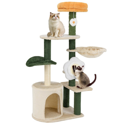 Modern Cute Flower Cat Tree for Indoor Kitty Tower with Plush Top Perch-Green