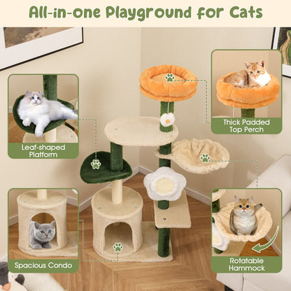 Modern Cute Flower Cat Tree for Indoor Kitty Tower with Plush Top Perch-Green