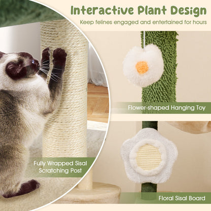 Modern Cute Flower Cat Tree for Indoor Kitty Tower with Plush Top Perch-Green