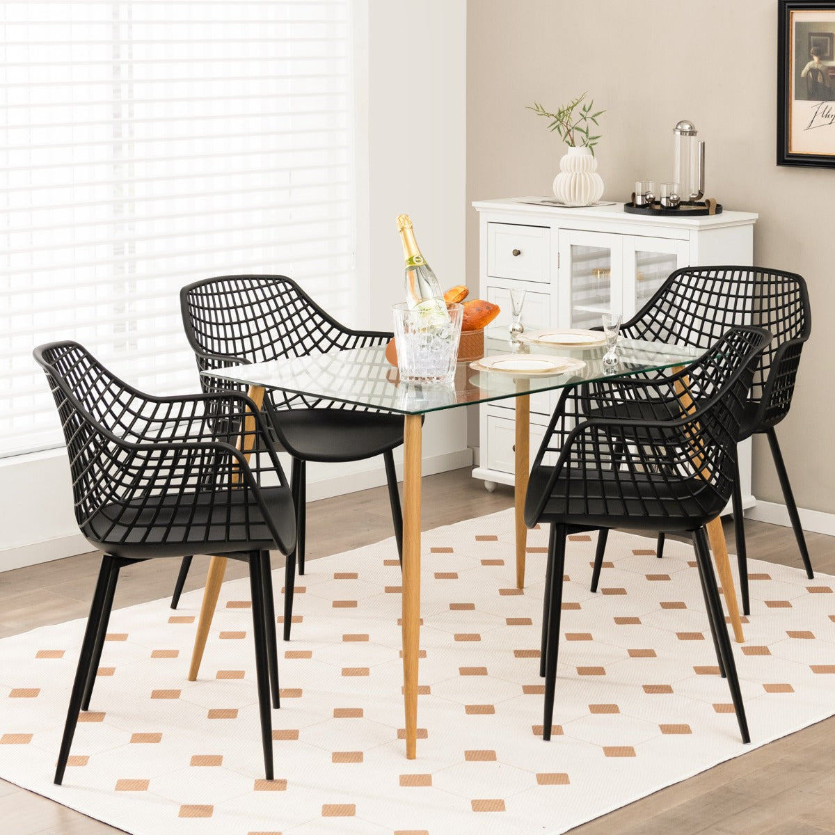 Modern Dining Chair Set of 4 with Airy Hollow Backrest and Foot Pads-Black-4 Packs