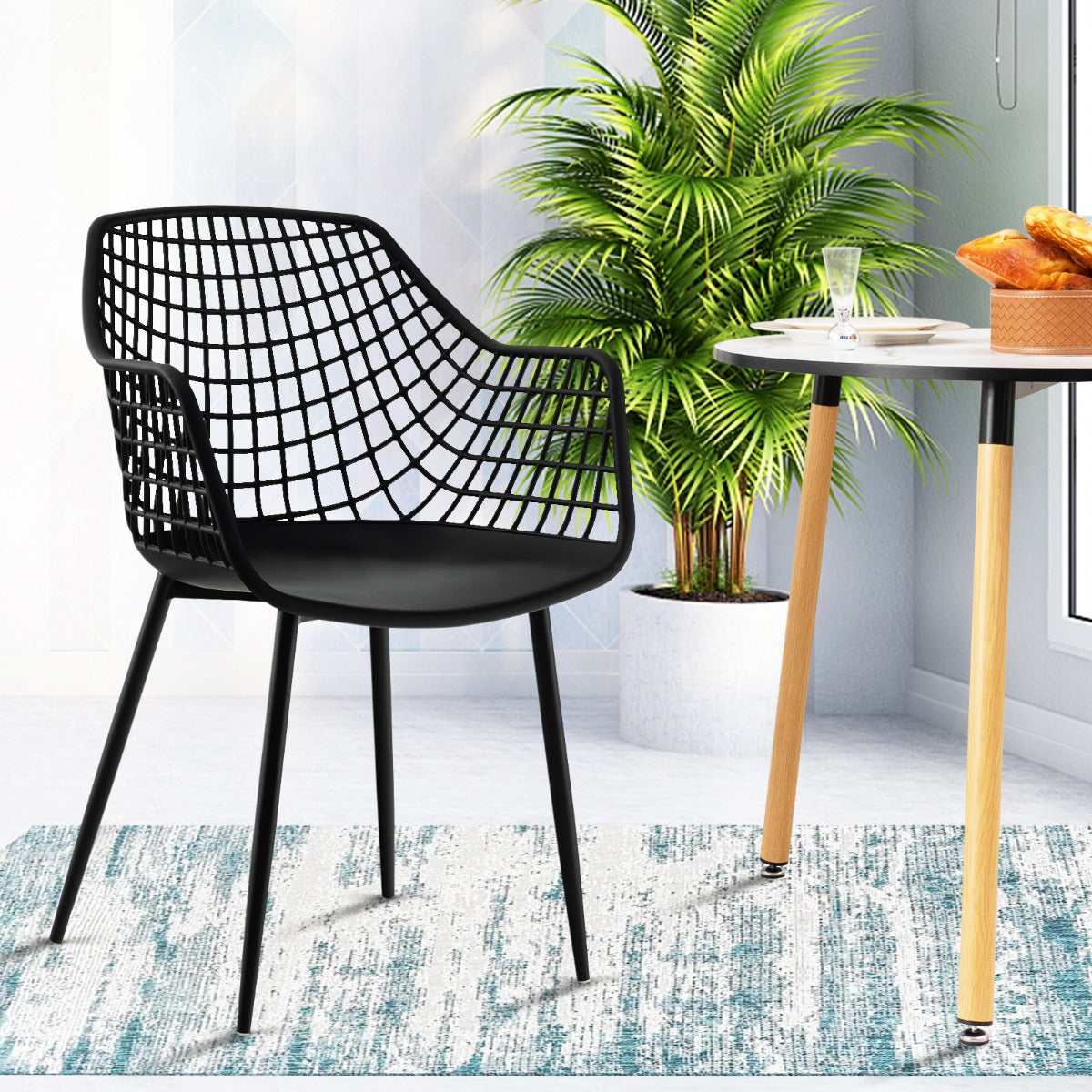 Modern Dining Chair Set of 4 with Airy Hollow Backrest and Foot Pads-Black-4 Packs