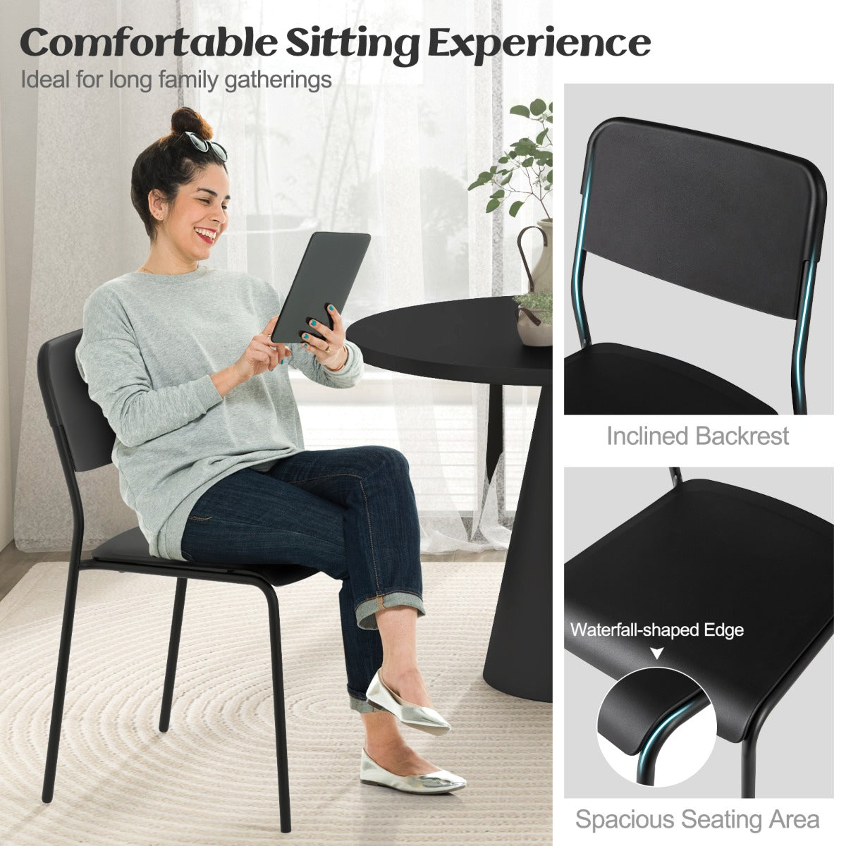 Modern Dining Chairs Set of 4 with Tilted Backrest and Sturdy Metal Legs-Black