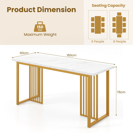 White faux marble dining table with gold T-shaped metal legs seats six to eight people comfortably