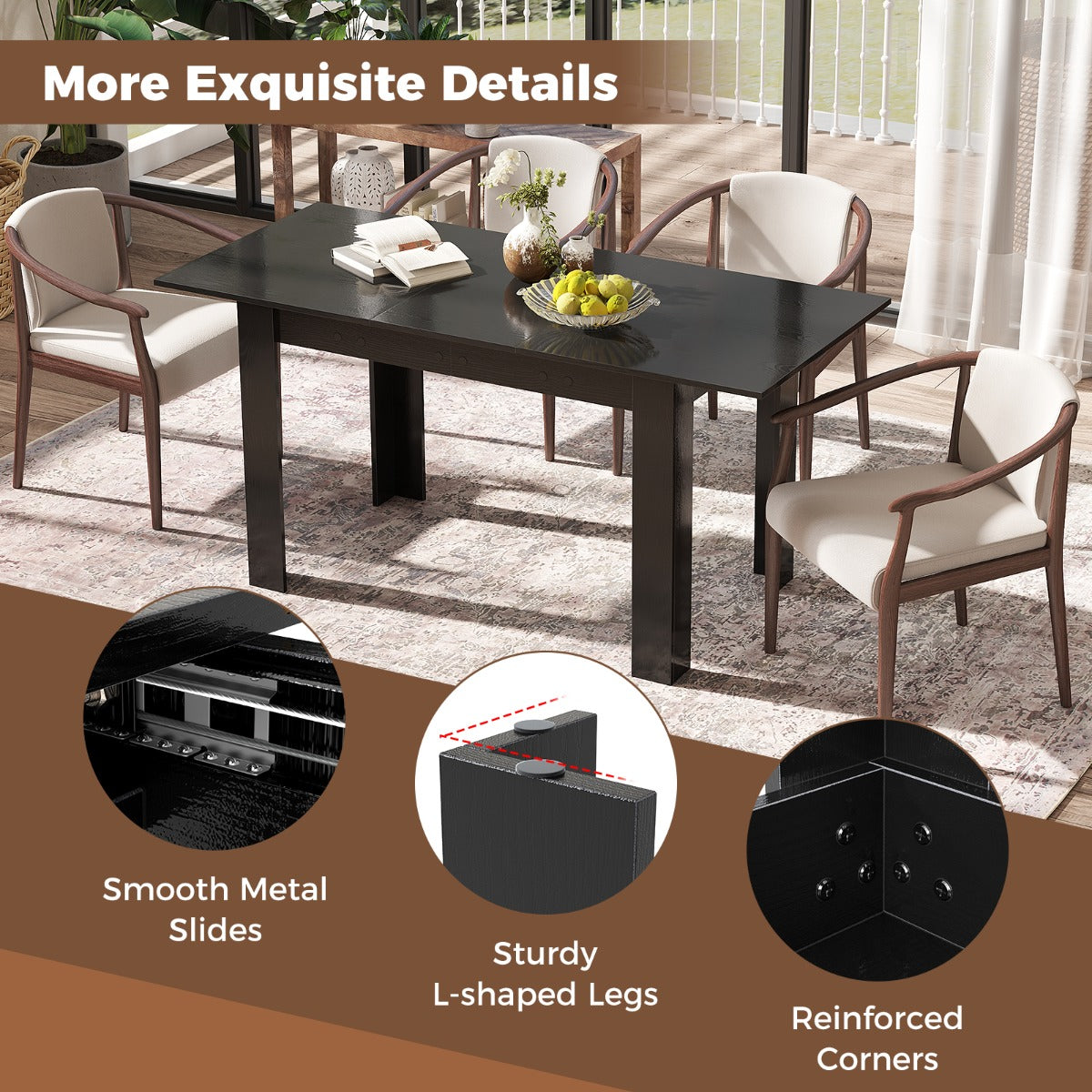 Modern Kitchen Table with Adjustable Tabletop and L-shaped Legs-Black
