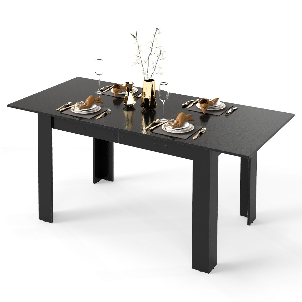 Modern Kitchen Table with Adjustable Tabletop and L-shaped Legs-Black